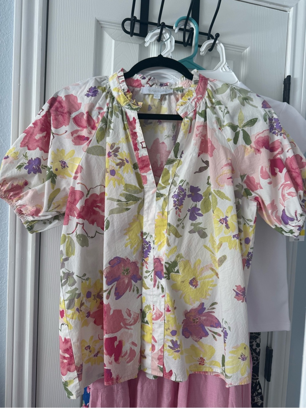 Sugarlips Floral Puff-Sleeve Blouse in Multi Pink Yellow Purple Green